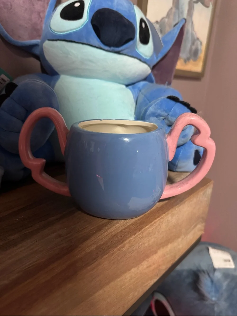 Disney Stitch Ceramic Face Mug in Blue with Pink Handles